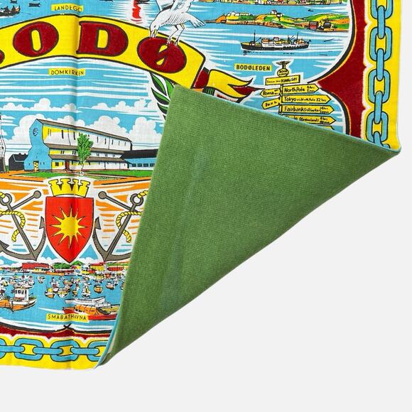 Table Mat Norway Fabric Bodo Landmarks Red Yellow 16x11 Colorful Souvenir Vtg - Picture 7 of 9